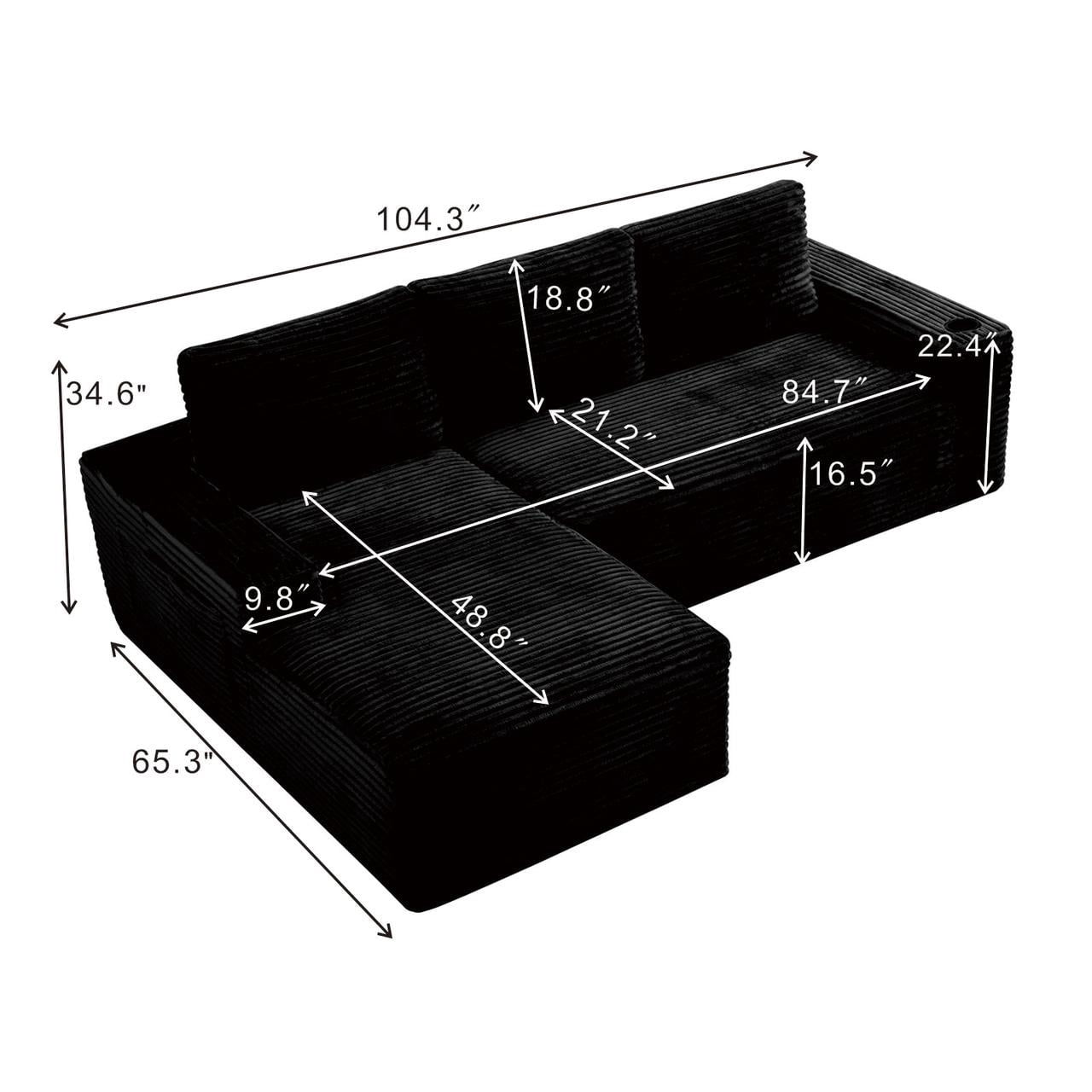 AISWORD 104.3" L-Shaped Modular Sectional Sofa, Corduroy 4-Seater Cloud Couch with Cup Holders & Side Pockets, Boneless Upholstered Sofa, No Assembly, Black, Left-Facing Chaise