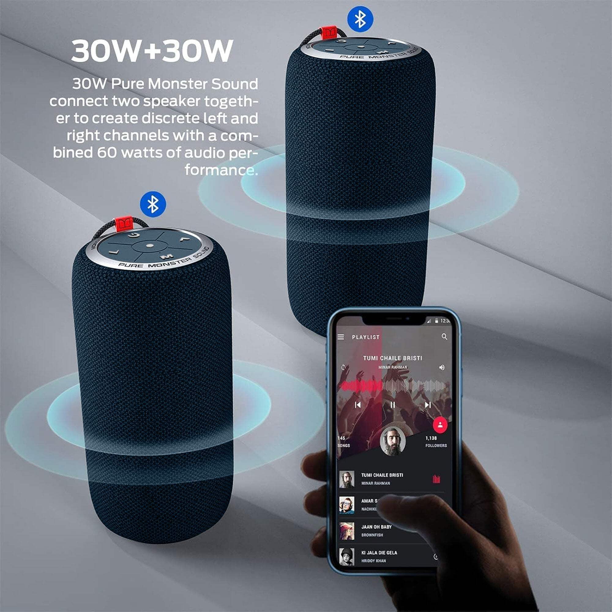 Monster S310 Portable Bluetooth Speaker, 30W True Stereo Sound, Bluetooth 5.2, Waterproof, Built-in Mic, 24-Hour Battery, Outdoor Use