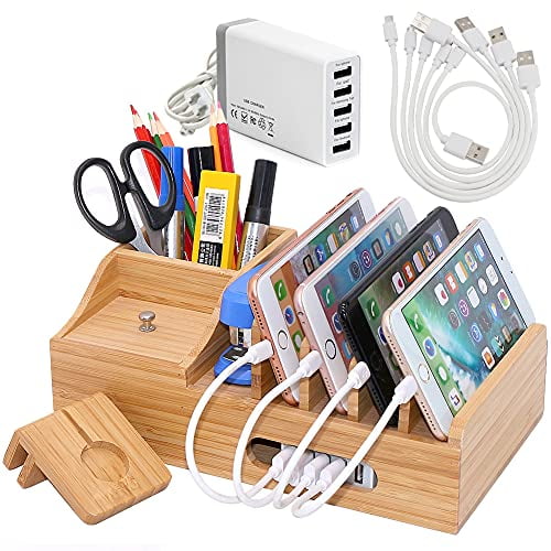 Charging Station for Multiple Devices Bamboo 5 Port USB Charger Dock Station Compatible with iPhone Android Cell Phone and Tablet and Other Electronics 5 Short Cables Included 