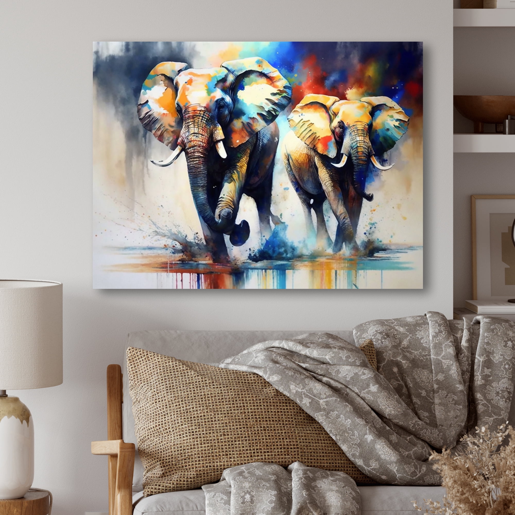 Designart Elephants Running I Canvas Wall Art