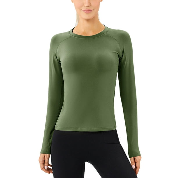 MAWCLOS Ladies Workout Top Solid Color Tee Crew Neck T Shirt Activewear  Sport Long Sleeve Blouse Army Green S 