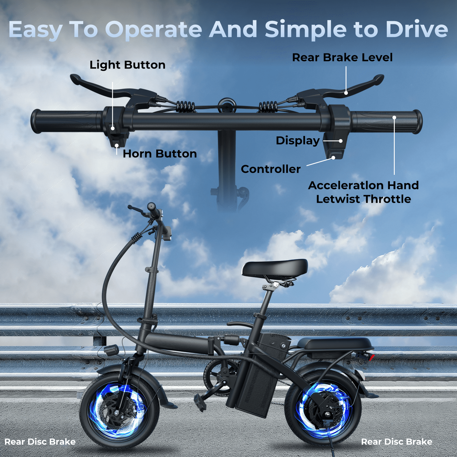 Kunyun 48V 400W Electric Bikes,14" Tires, 20mph, 19-22mi Range, Dual Disc Brakes, Adjustable Seat, Removable Basket, Folding Design.Black