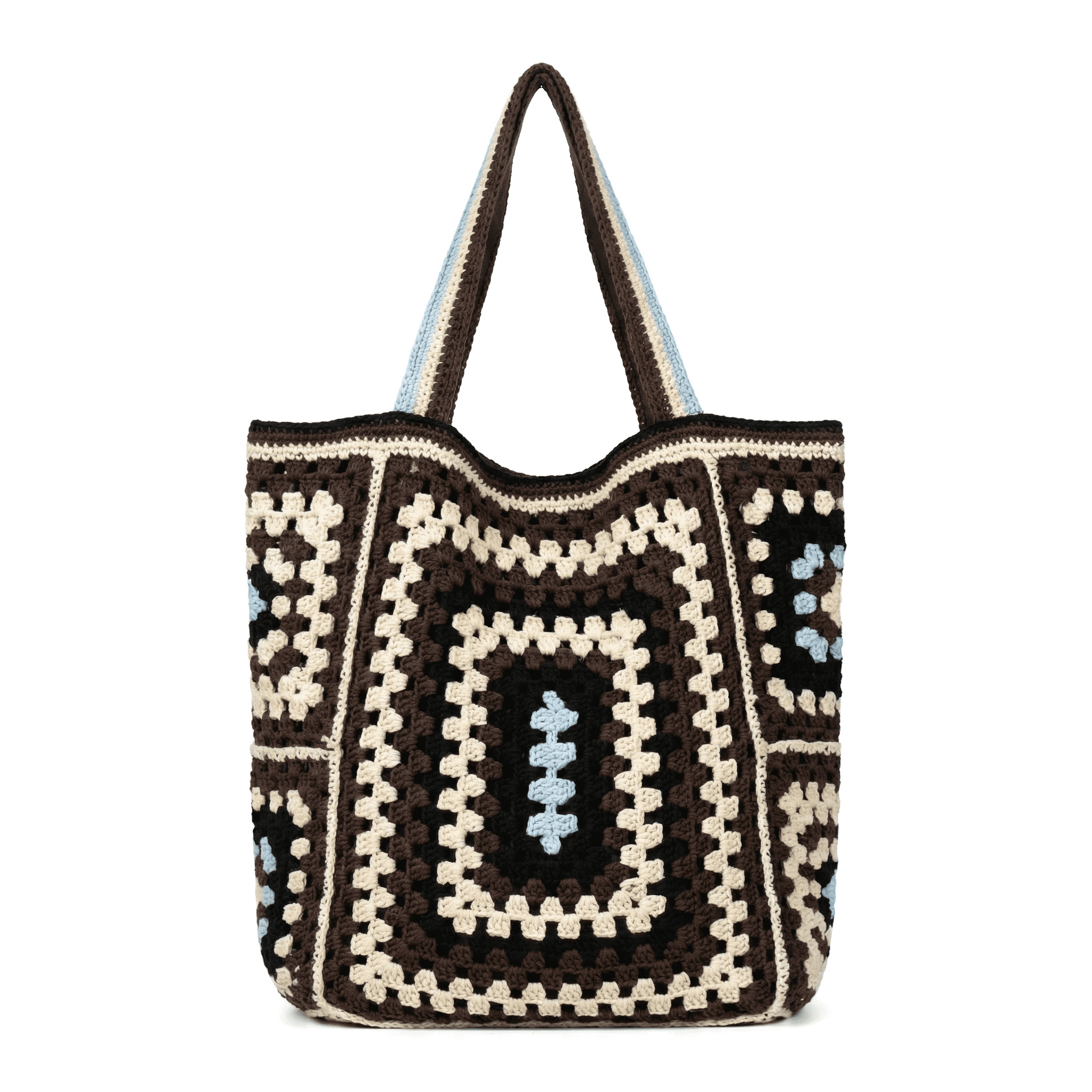 Handmade Crochet Tote Bag for Women, Vintage Granny Square Floral Shoulder Bag with Zipper and Lining, Large Capacity Boho Beach Bag