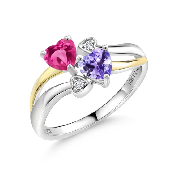 Gem Stone King 925 Silver and 10K Yellow Gold Pink Created Sapphire and Blue Tanzanite and White Lab Grown Diamond Ring for Women (1.12 Cttw, September Birthstone, Heart Shape 5MM, Size 7)