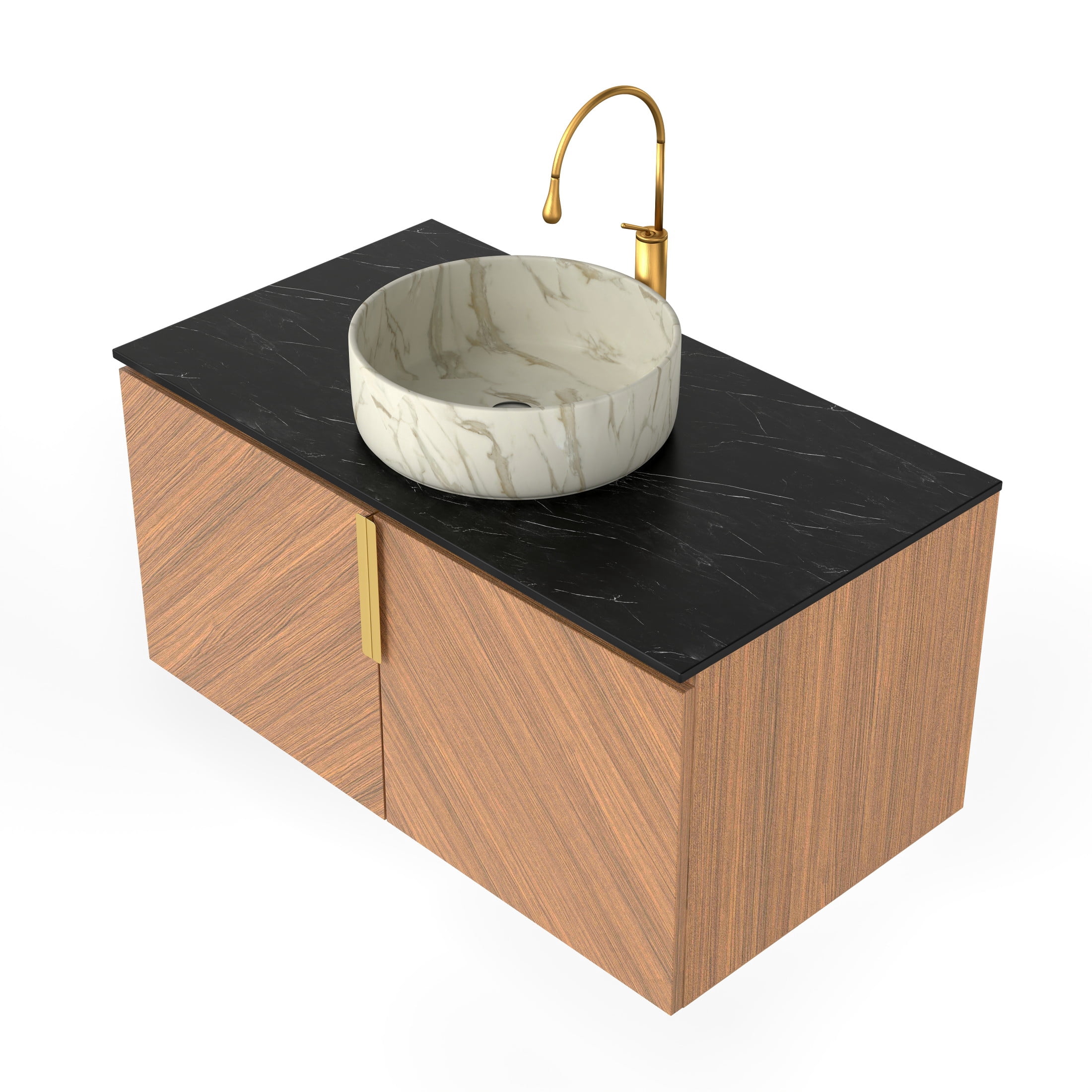 Noble House Arai 36" Bathroom Vanity with Sintered Stone Countertop, Wooden Storage Cabinet, Gold Handles, Brown Oak