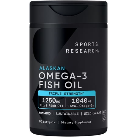 Sports Research Omega 3 Fish Oil Supplement, Triple Strength 1250mg Omega 3 Fatty Acids, 60 Softgels