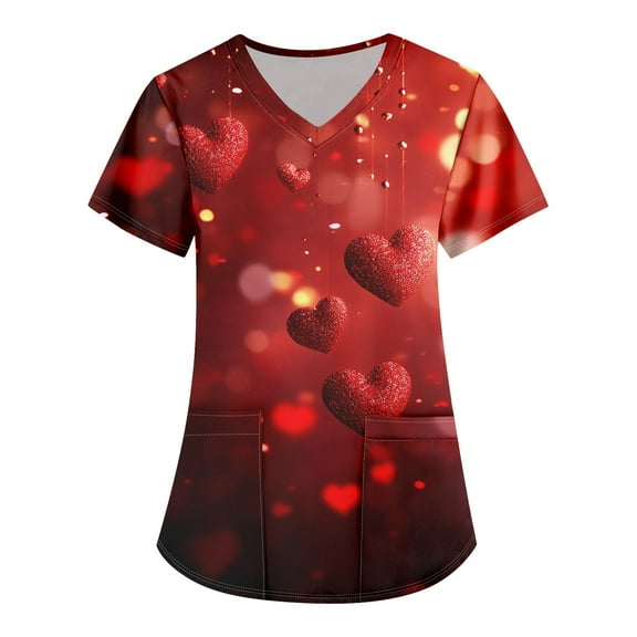 Valentine's Day Women's Nurse Uniforms Summer Love Heart Printed V-Neck Breathable Scrub Tops Short Sleeve Professionals Soft Stretch Workwear Shirt with Pockets wine XX-Large
