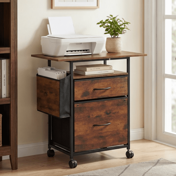 Cabinets with 2 Drawers, Rolling Fabric Filing Cabinet with 24'' Large Tabletop, Printer Stand for Home Office, Fits A4/Letter Size, Rustic Brown