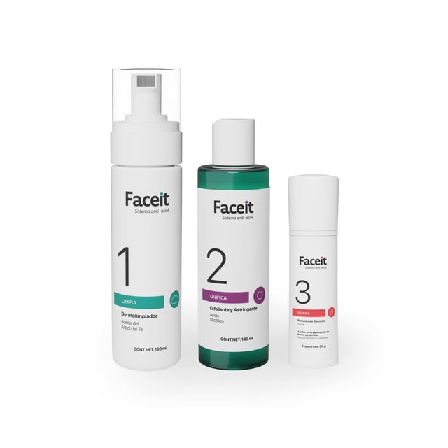 FACEIT Rutina para Combatir Acné de 3 Pasos: Limpia, Unifica y Repara tu Cara | Peróxido de Benzoílo 5% y Ácido Glicólico | Skincare | Acn&ea