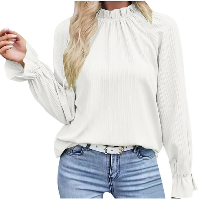 Lenpel Blouses for Women Dressy Ruffle Long Sleeve Mock Neck Pleated Solid Color Tunic Tops Business Casual Work Shirts(White,Medium)