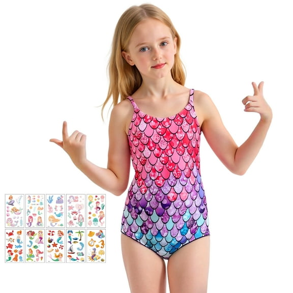Alaiyaky Girls One Piece Swimsuit Mermaid Bathing Suit with Mermaid Stickers Summer Beach Swimwear