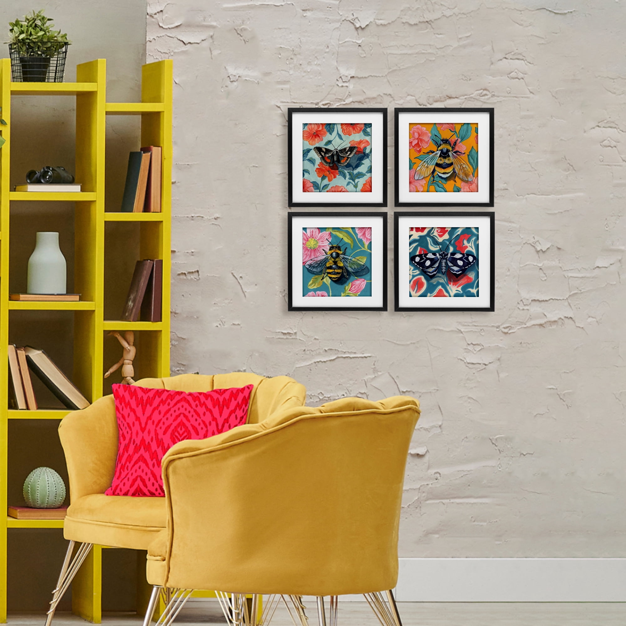 Stupell Industries Insects on Flower Patterns 4 Piece Black Framed Print Under Glass Set, design by Kate Jarvik Birch