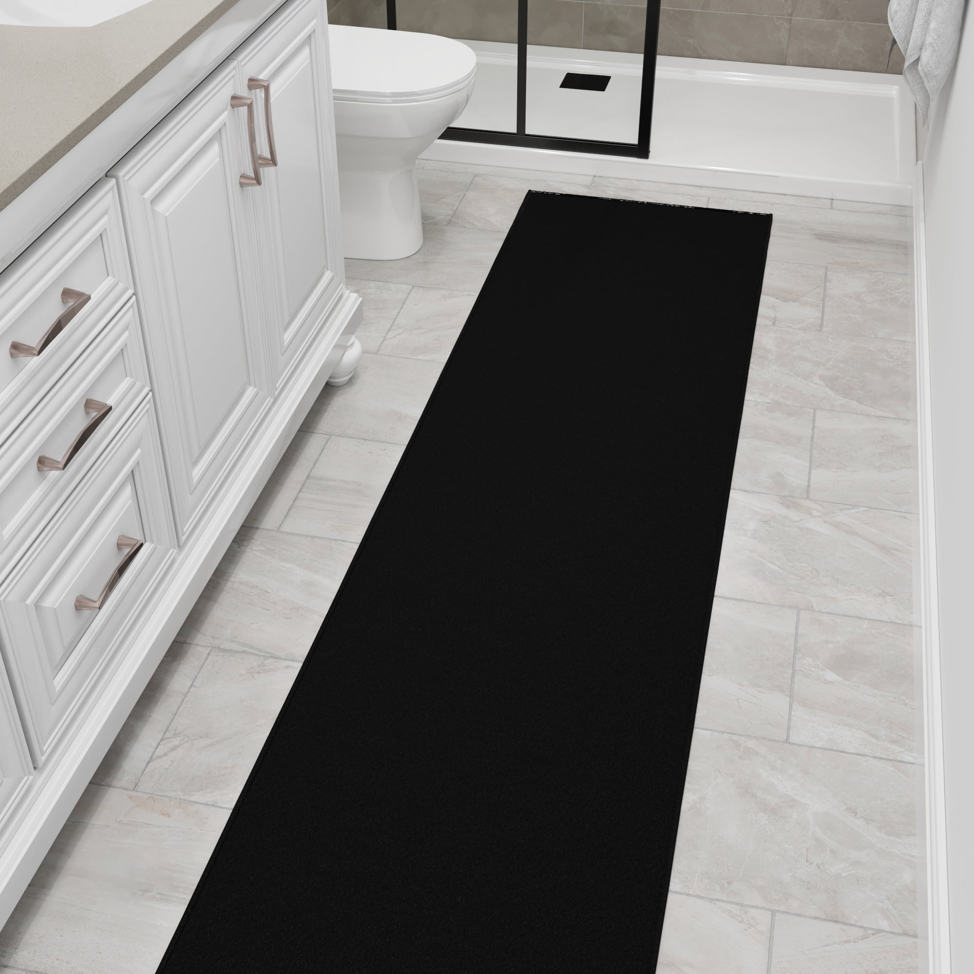 Ottomanson Extra Long Runner Rug Non-Slip Low Pile Stain Resistant, Solid Black, 1'10.5" x 52'