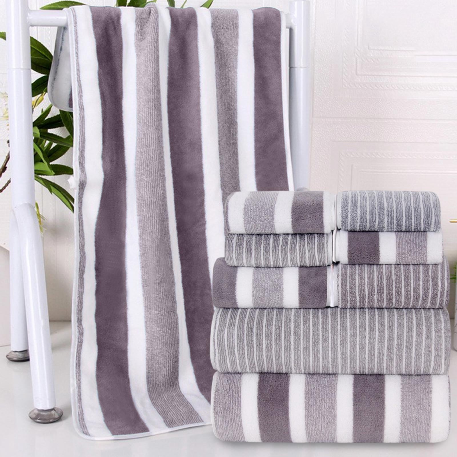 8-Piece Velvet Wide Stripe Bath Towel Set, Super Soft & Absorbent Towels, Washcloths & Bath Sheets for Spa, Home & Guest Use, Gray