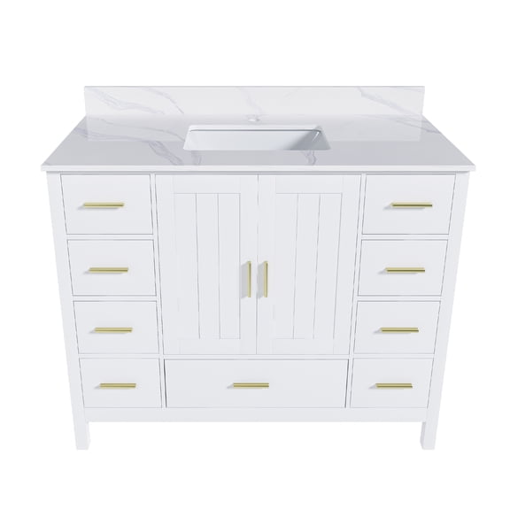 Montary Bathroom Vanity Set, 43" Carrara White Quartz Vanity Top, Modern Cabinet with Doors and Drawer,White（Single Faucet Hole）