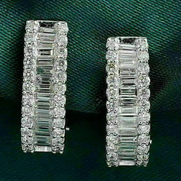 3.00 Ct Baguette Cut Diamond Huggie Hoop Cluster Earrings 14K White Gold Finish