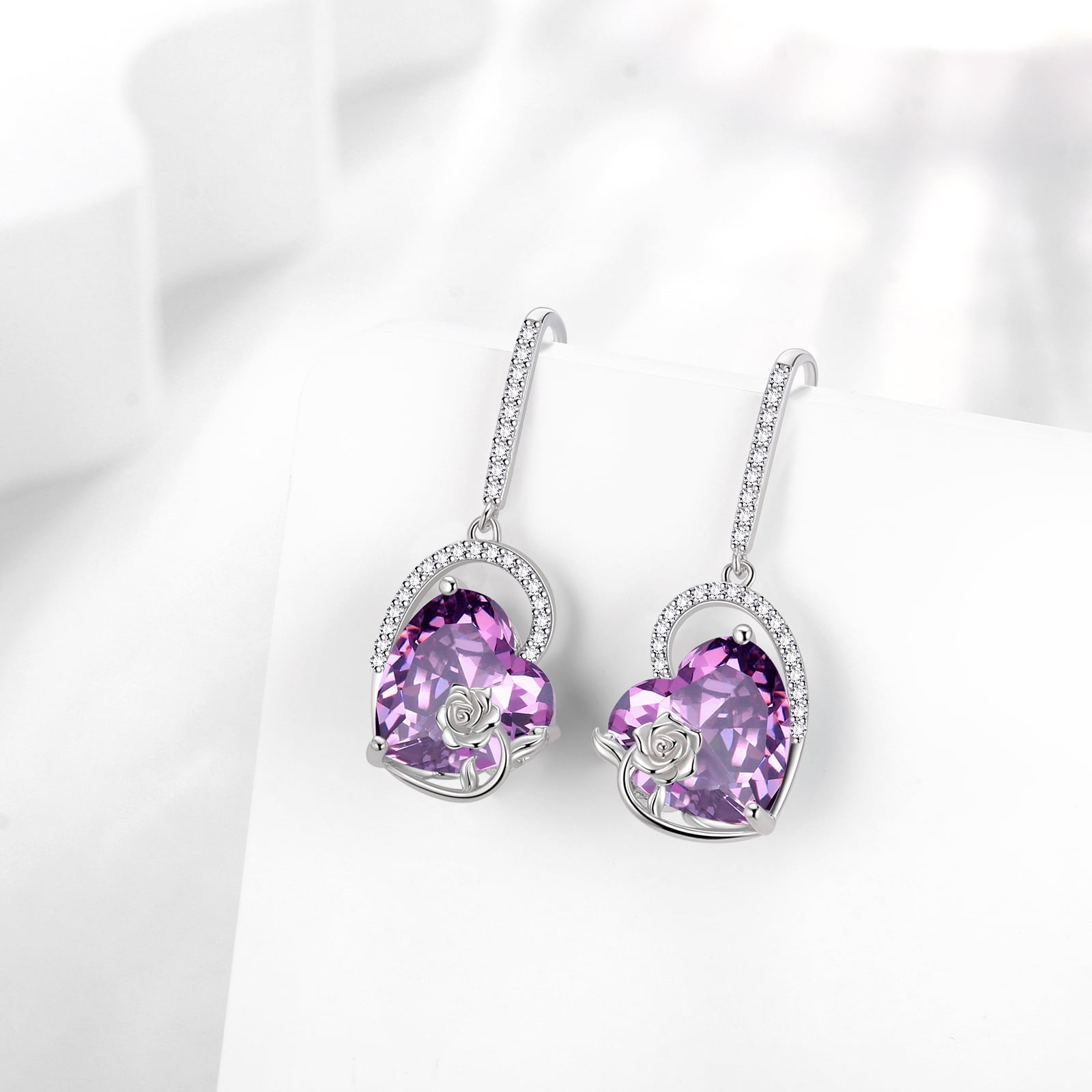 Juwaliy 925 Sterling Silver Earrings Women Heart February Birthstone Hook Dangle Earring Amethyst Purple Rose Jewelry Mother Valentine's Day Gift