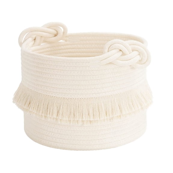 Small Woven Storage Baskets – 9.5 x 7 Inch Cotton Rope Decorative Hamper – Tassel Nursery Decor – Home Storage Container for Diaper, Blankets, Magazine, Keys – Off-White
