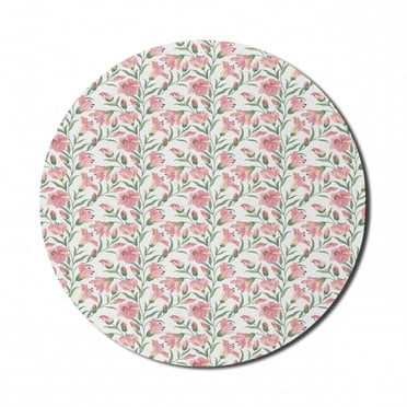 Watercolor Flowers Mouse Pad for Computers, Flourishing Lilies Wild Blooms Nature Vegetation Fragrance, Round Non-Slip Thick Rubber Modern Mousepad, 8" Round, Reseda Green Pale Pink, by Ambesonne