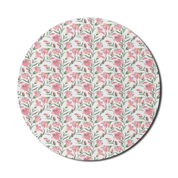 Watercolor Flowers Mouse Pad for Computers, Flourishing Lilies Wild Blooms Nature Vegetation Fragrance, Round Non-Slip Thick Rubber Modern Mousepad, 8" Round, Reseda Green Pale Pink, by Ambesonne