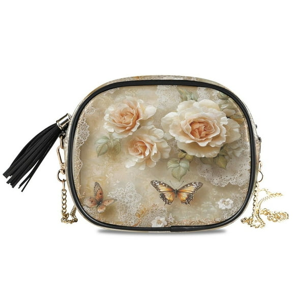 Womens Casual Chain Shoulder Bag Simple style Roses and Butterflies with Lace Crossbody Bag