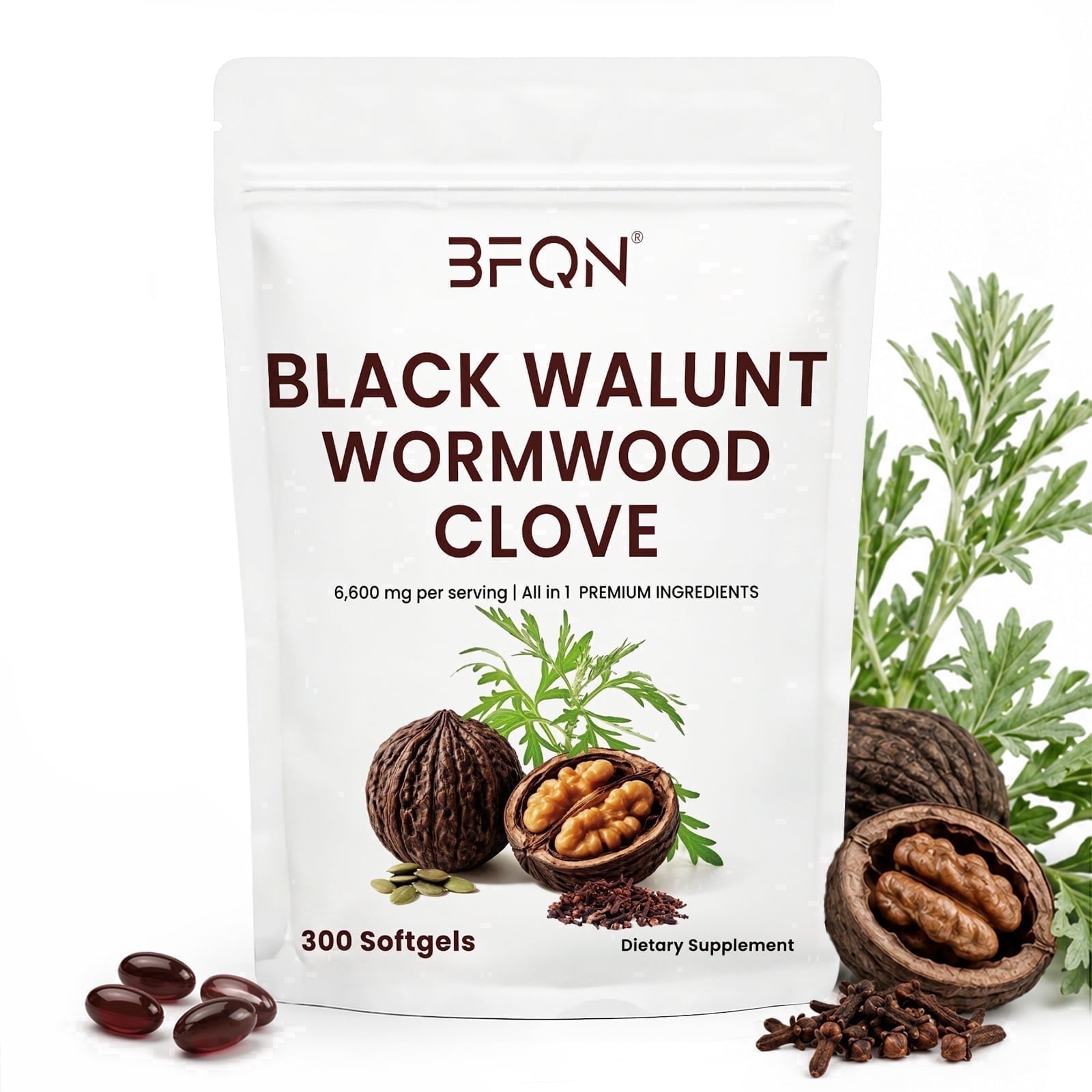BFQN Black Walnut & Wormwood Cleanse Complex – 300 Softgels, 4-in-1 with Clove Bud & Pumpkin Seed Extract, 6,600 mg per Serving, Digestive Health Support, Non-GMO