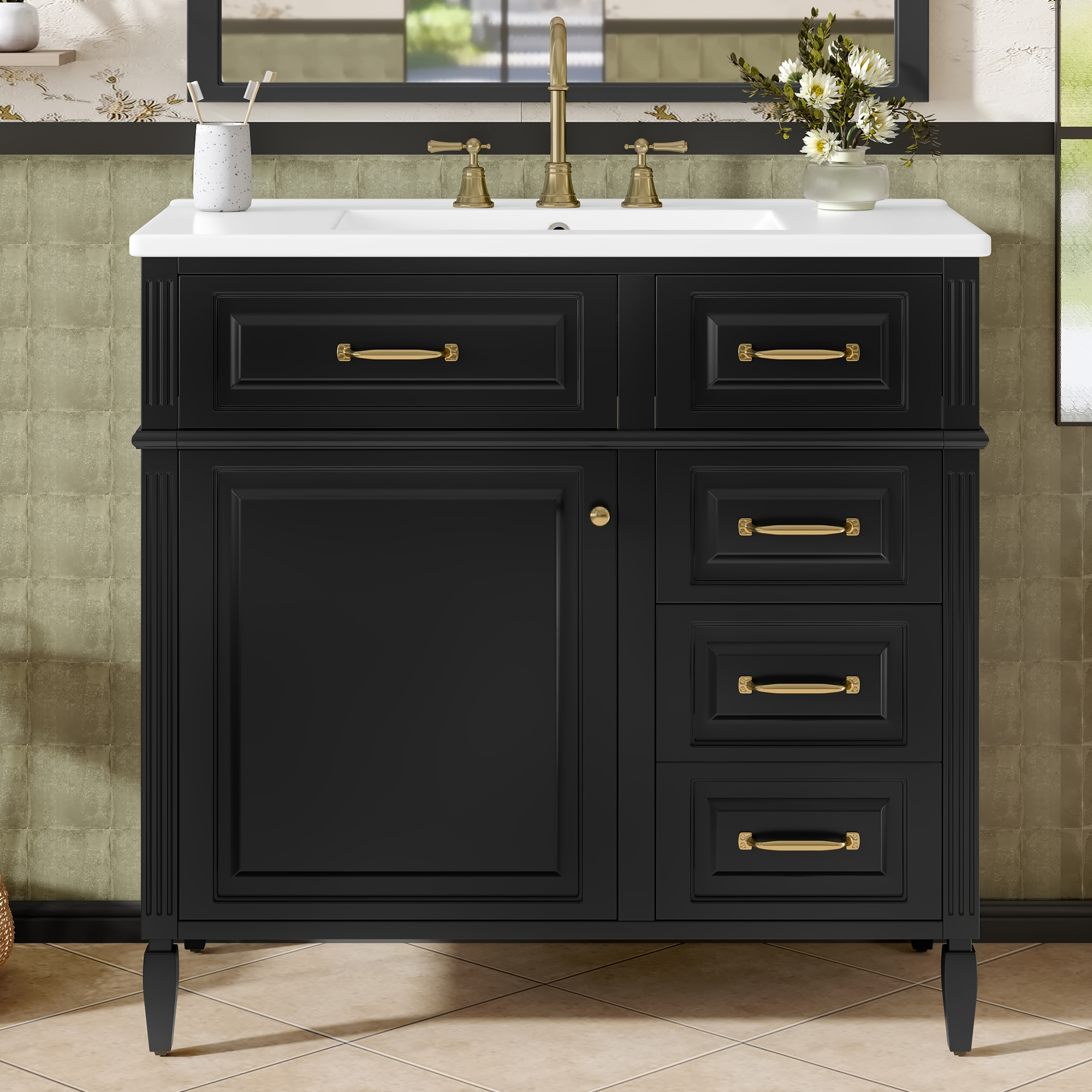 Euroco 36-Inch Bathroom Vanity with Ceramic Sink Top, Solid Wood Frame and MDF Cabinet, Flip Drawer Design with Adjustable Shelf and Metal Handles, Freestanding Bathroom Storage Cabinet