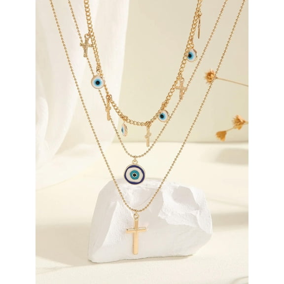 QQTDFG Evil Eye & Cross Charm Layered Necklace Jewelry for Women Gift for Her Necklace-default