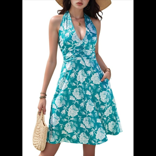 Robe d'Été Sans Manches Portefeuille à Col en V à Fleurs pour Femme Mini Robe Bleu P
