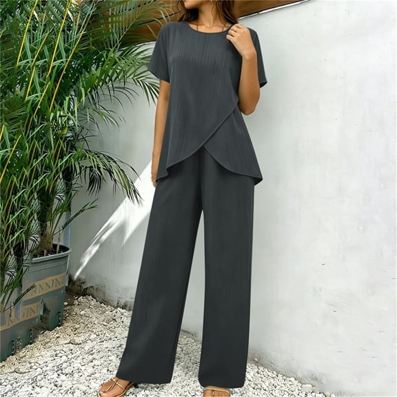 Women's 2 Piece Chiffon Sets Summer Dressy Pantsuits High Low Top Pants Set Formal Wedding Guest Outfit