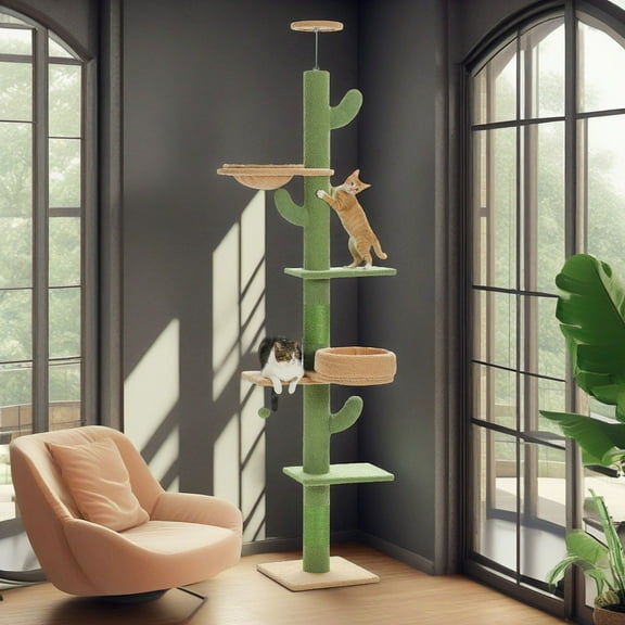Pefilos Floor to Ceiling Cat Tree Cat Tower with 87"-100" Adjustable Height, Cat Climbing Activity Center with Cozy Platforms and Dangling Balls for Indoor Cats, Green
