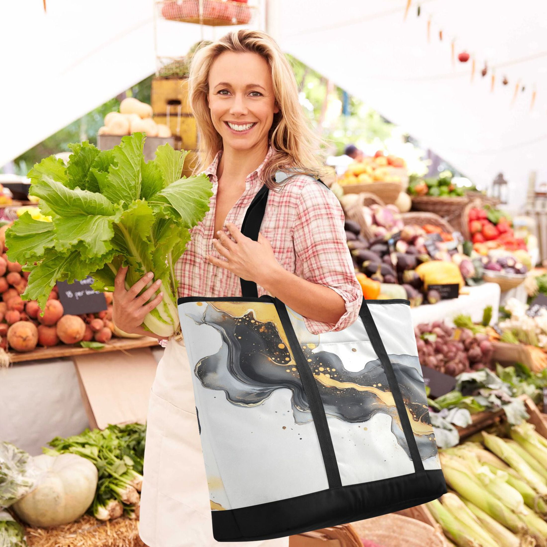 Large Hand-held Ice Pack Picnic Bag Insulation and Refrigeration Suitable for Shopping Picnics and Camping Beautiful Marble Pattern