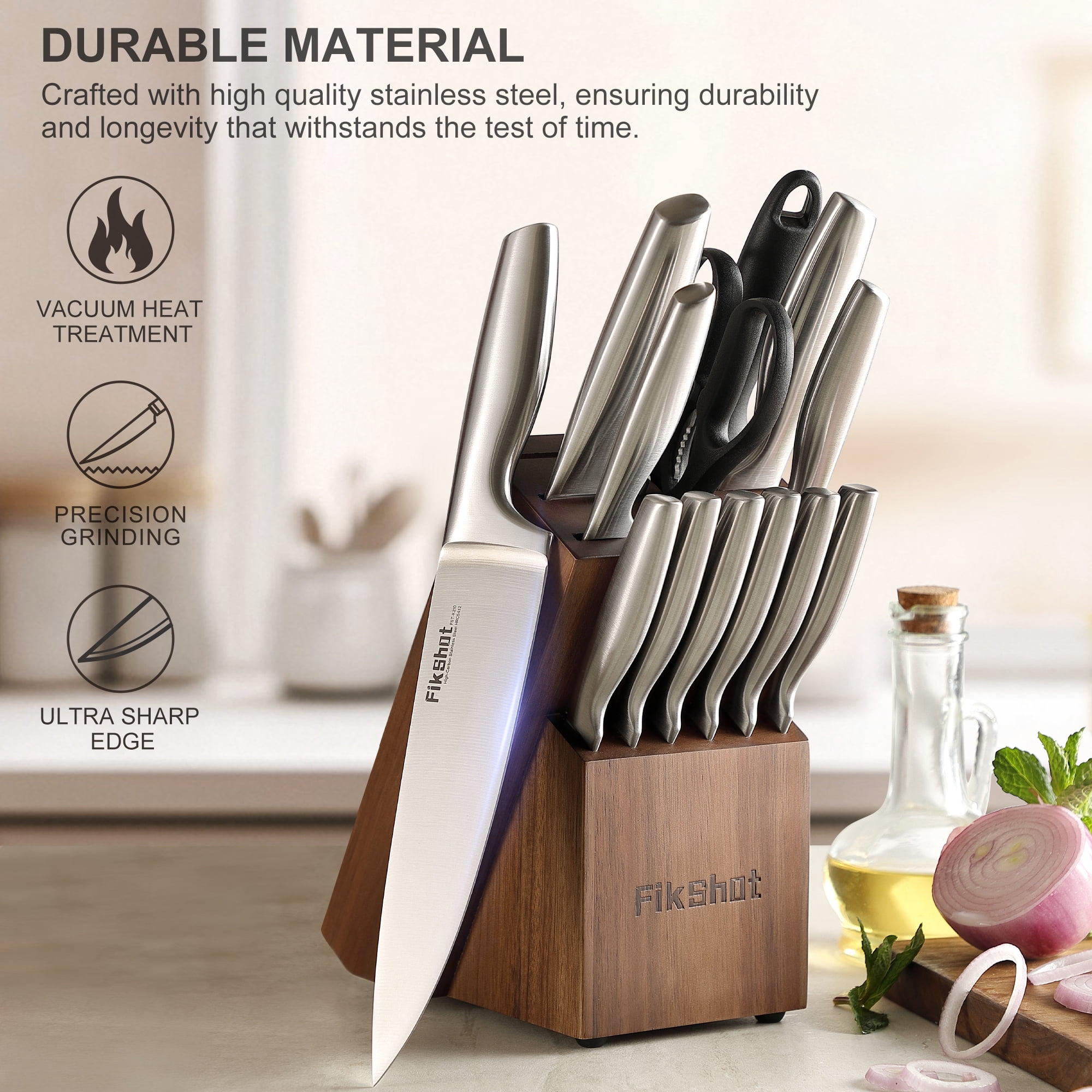 14Pieces High Carbon Steel Kitchen Knife Set with Wood Block & Sharpener, Rust-Resistant Professional Chef Knives for Cooking, Grilling & Gifting