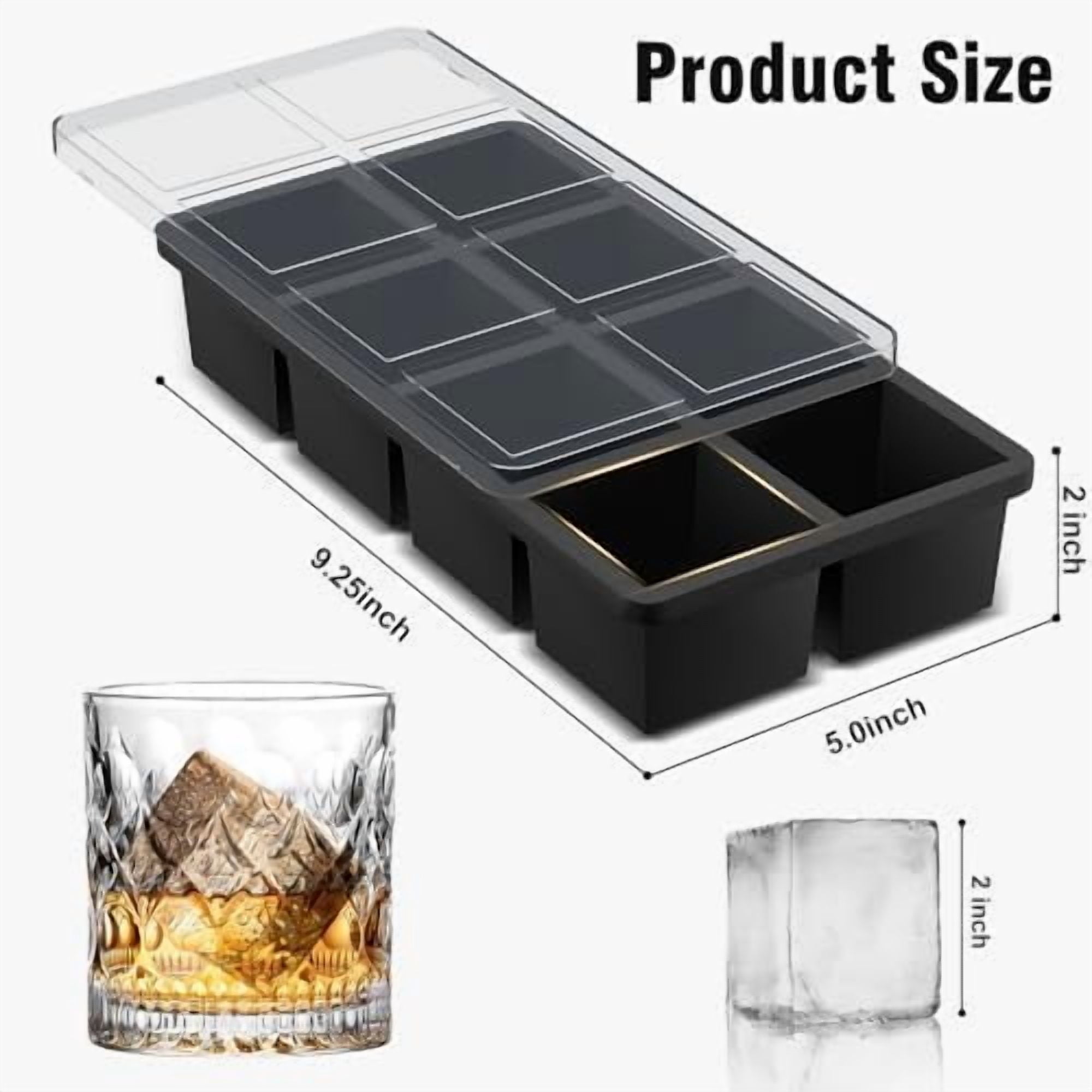 Large Ice Cube Tray: 2024 Upgraded Silicone Square Ice Cube Mold For Whiskey, New Upgraded 2 Inch Large Cubed Ice Trays for Cocktail, Big Cube Ice Maker Mold (2 Pack, Black)