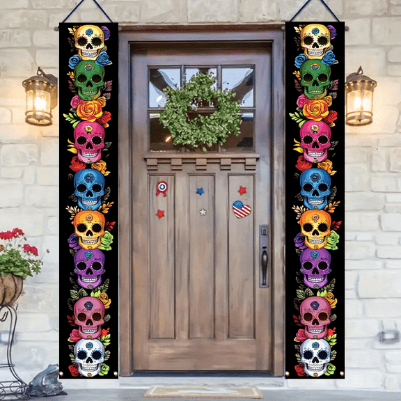 2 pieces, 2D Flat Halloween and the Day of the Dead atmosphere porch hanging logo decoration banner, skull pattern Halloween couplets, festival home hanging flags, suitable for front doors, courtyard