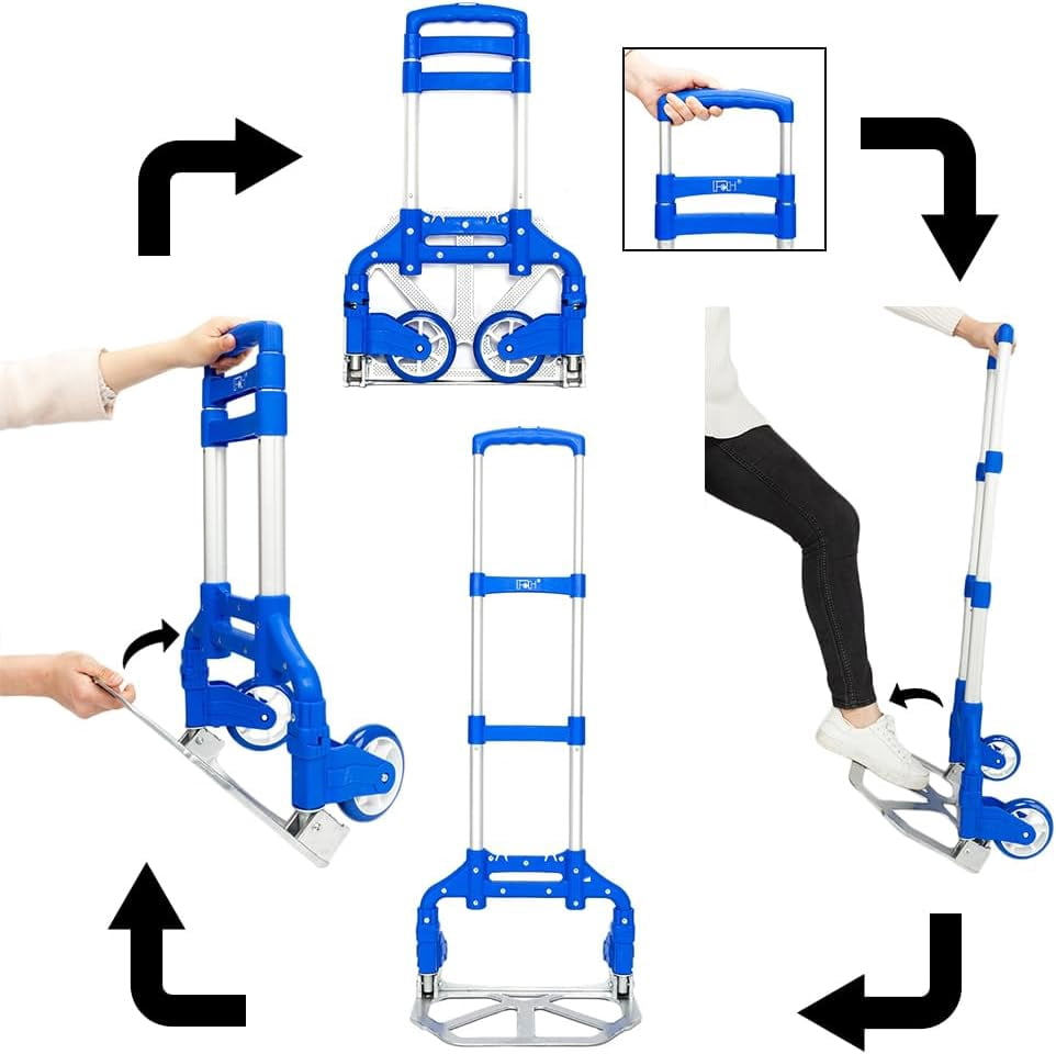Portable Folding Hand Truck Dolly Cart, 165 lb Capacity Aluminum Collapsible Luggage Cart with Telescoping Handle, Lightweight Foldable Trolley for Travel, Moving, Shopping, Office, Home Use, Blue