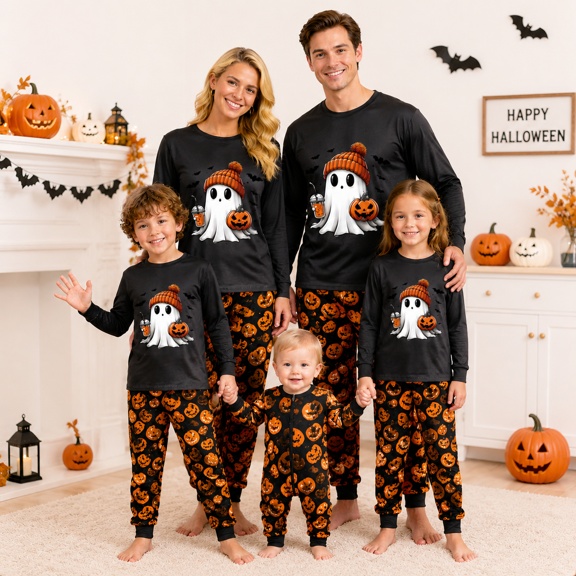 Family Halloween Pajamas Matching Sets Ghost Pumpkin Print Long Sleeve Tops and Orange Jack-O-Lantern Pants 2 Piece Holiday Sleepwear Set