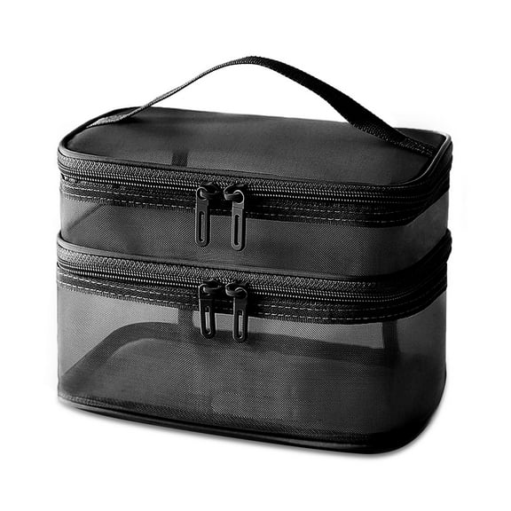 Double Layer Makeup Bag, Large Mesh Travel Cosmetic Pouch with Double Zipper, Vertical Make up Bag, Multifunctional Toiletry Bag for Makeup Brushes