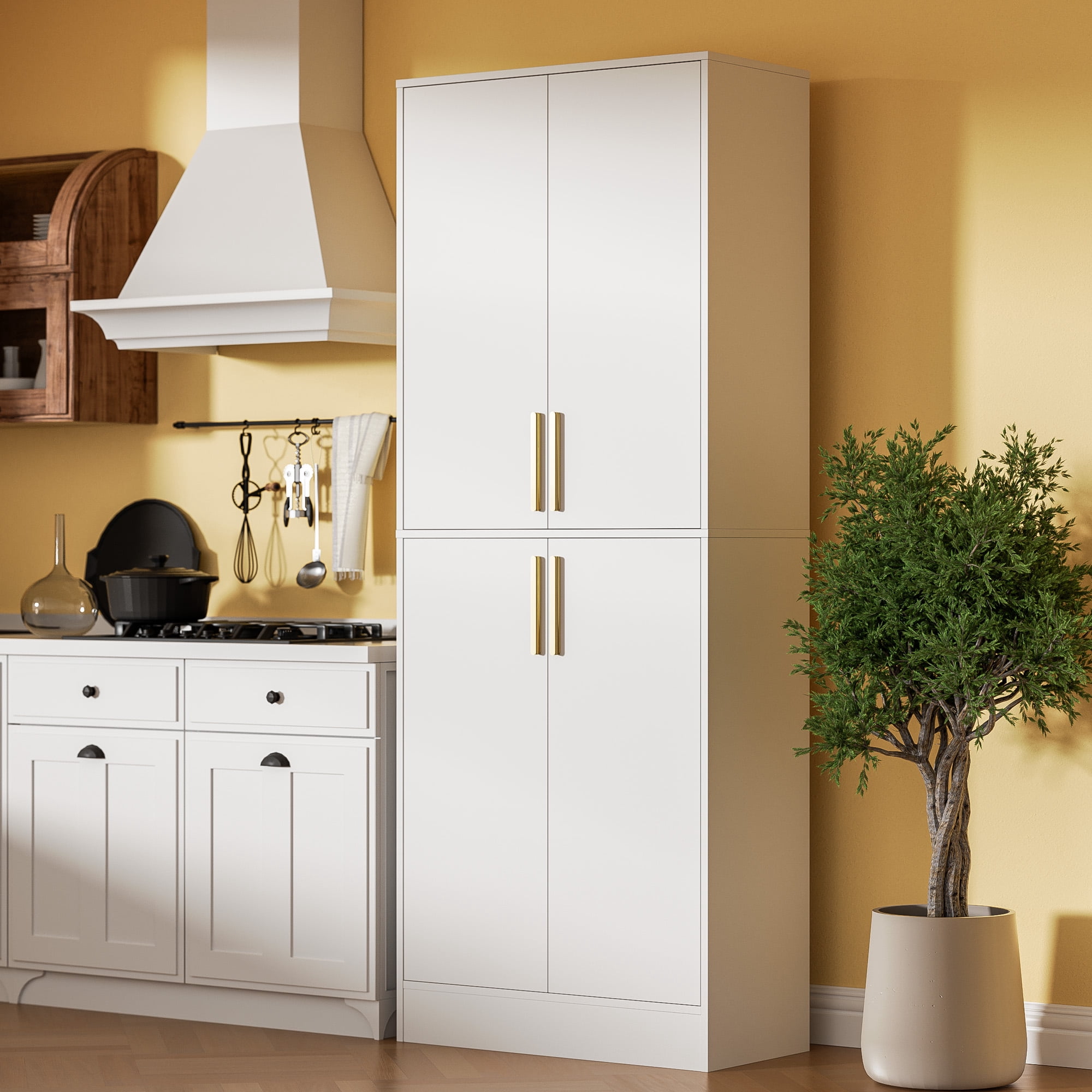 71" Tall Kitchen Pantry Storage Cabinet, Pantry Cabinet with 4 Doors, Freestanding Larder Cupboard, Kitchen Hutch with Gold Handles for Dining Room, Bathroom, White