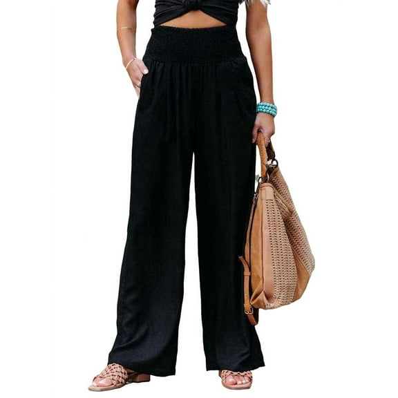 Women Pants Wide Leg High Waisted Palazzo Pants Summer Flowy Beach Lounge Casual Trousers with Pockets