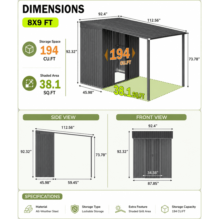YODOLLA 5 x8 ft Outdoor Metal Storage Shed with Hardtop Pergola