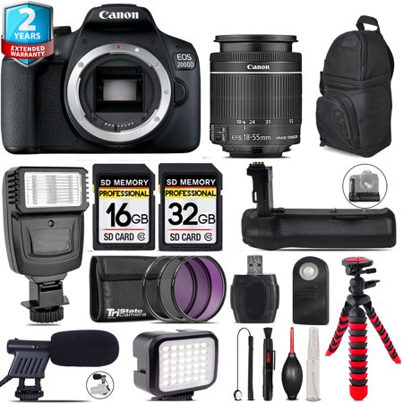 Canon EOS 2000D (Rebel T7) + 18-55mm IS STM + LED Kit + Mic + Battery Grip + 48GB