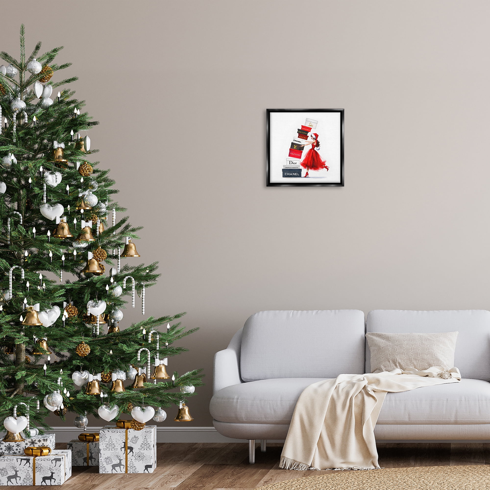 Stupell Industries Holiday Glam Shopping Boxes Holiday Painting Black Floater Framed Canvas Art Prints Wall Art, 18 x 18