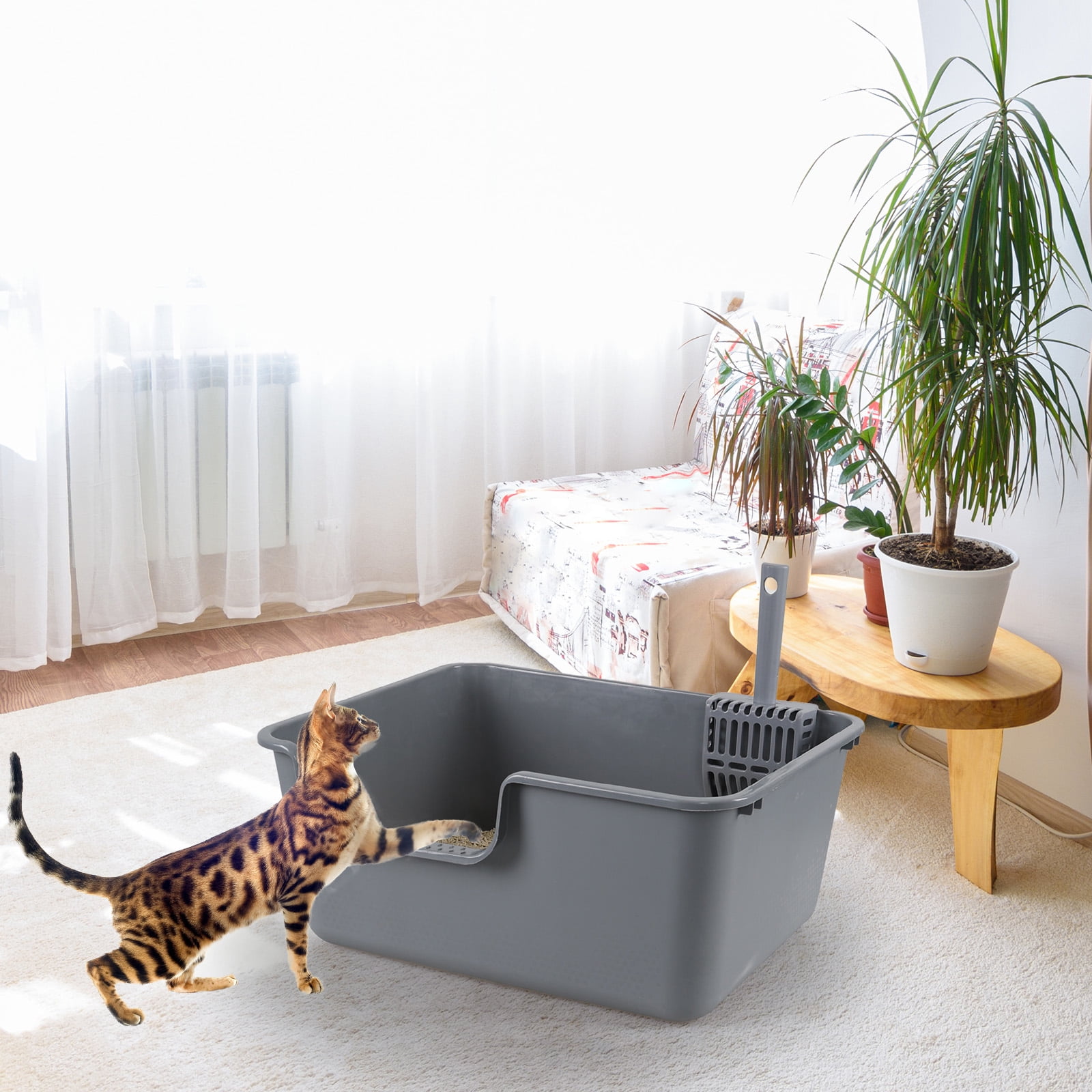 Afromy 4-Pack Plastic High Wall Cat Litter Box with Scoop, Open Air Kitty Litter Pan,  Gray