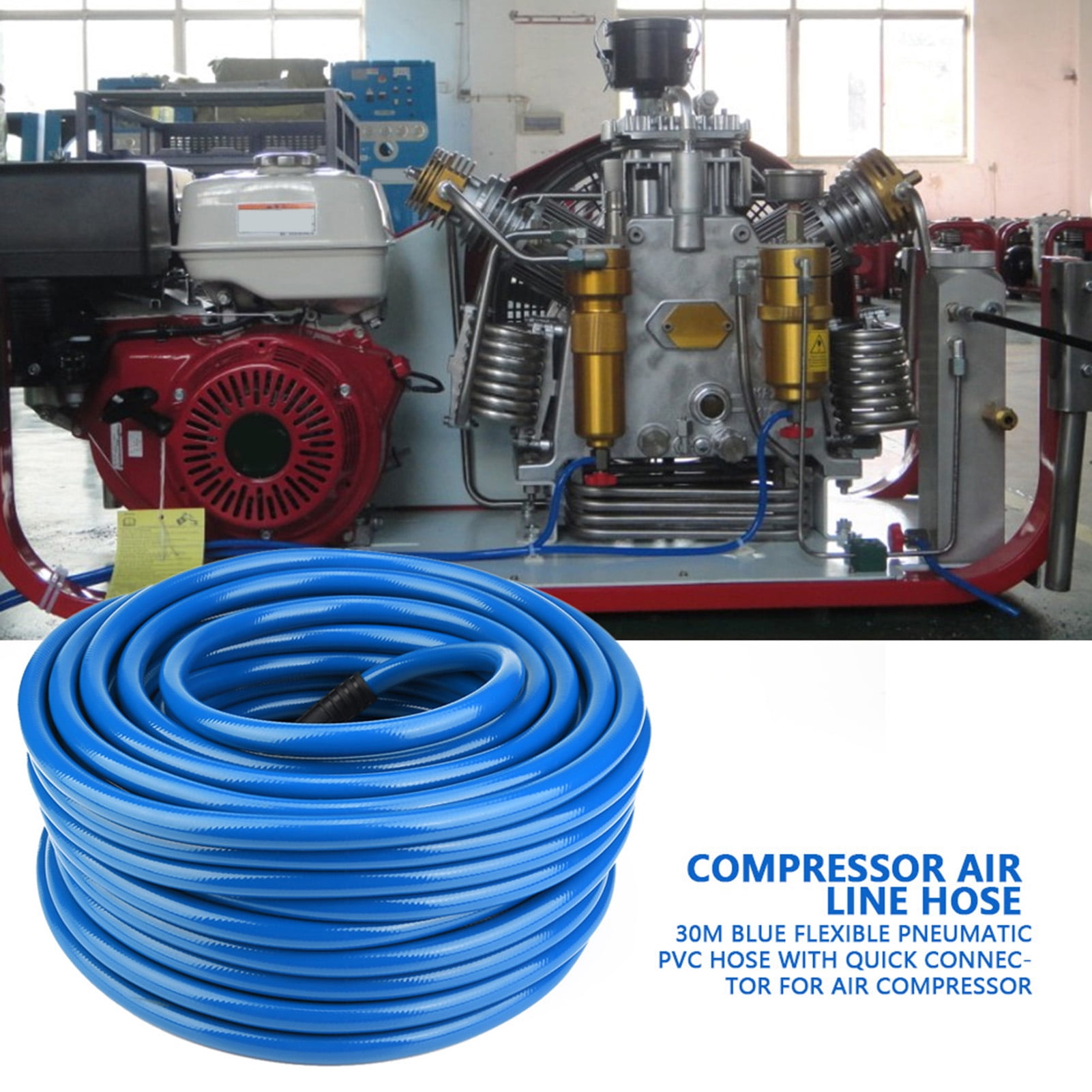 Pneumatic PVC Hose 30M Blue Flexible PVC Hose with Quick Connector for Air Compressor Industrial Use