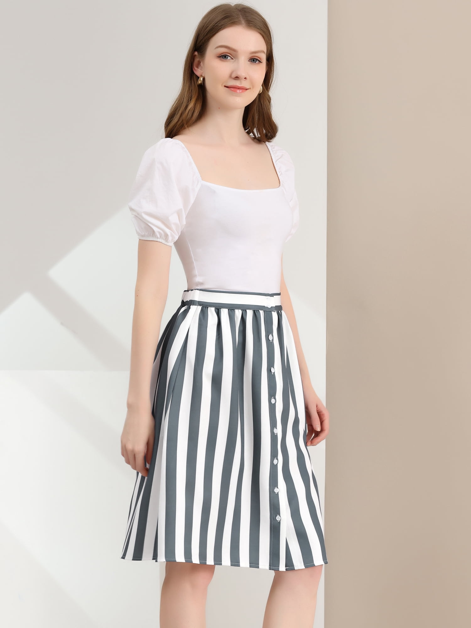 DARING DIVA Women's Striped Button Front Elastic Back Waist A-Line Skirt S Gray