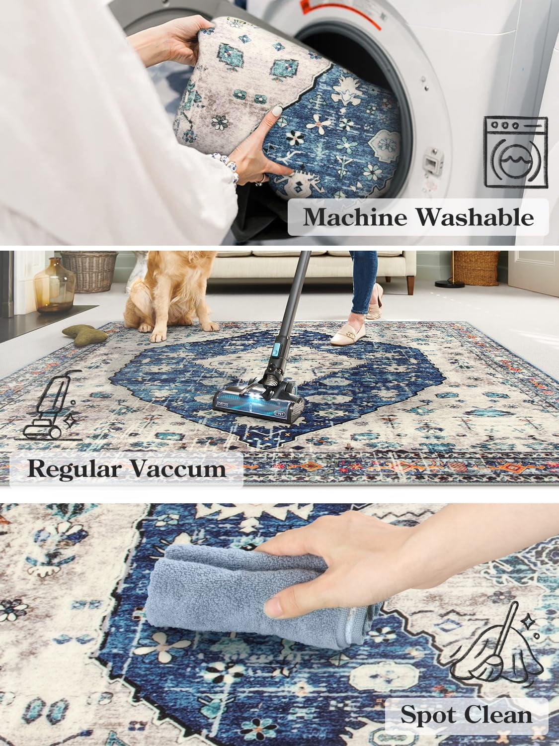 Wonnitar Boho Tribal 5'x7' Area Rug for Living Room, Washable Rug for Bedroom Vintage Coastal Accent Rug for Dinning Room Office Non Ship Low Pile Stain Resistant, Blue