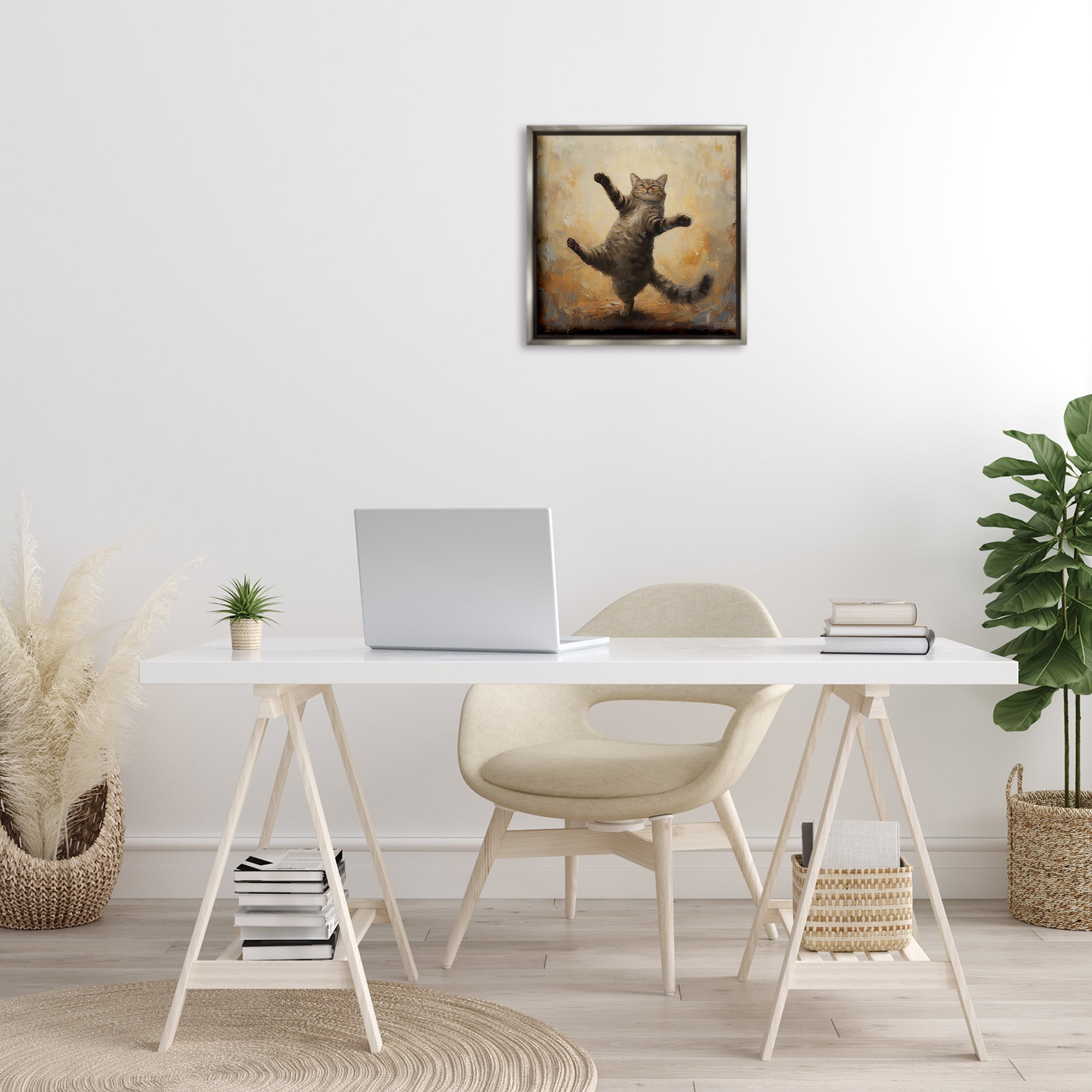 Stupell Industries Dancing Tabby Cat Animals & Insects Painting Gray Floater Framed Canvas Art Print Wall Art, 18 x 18