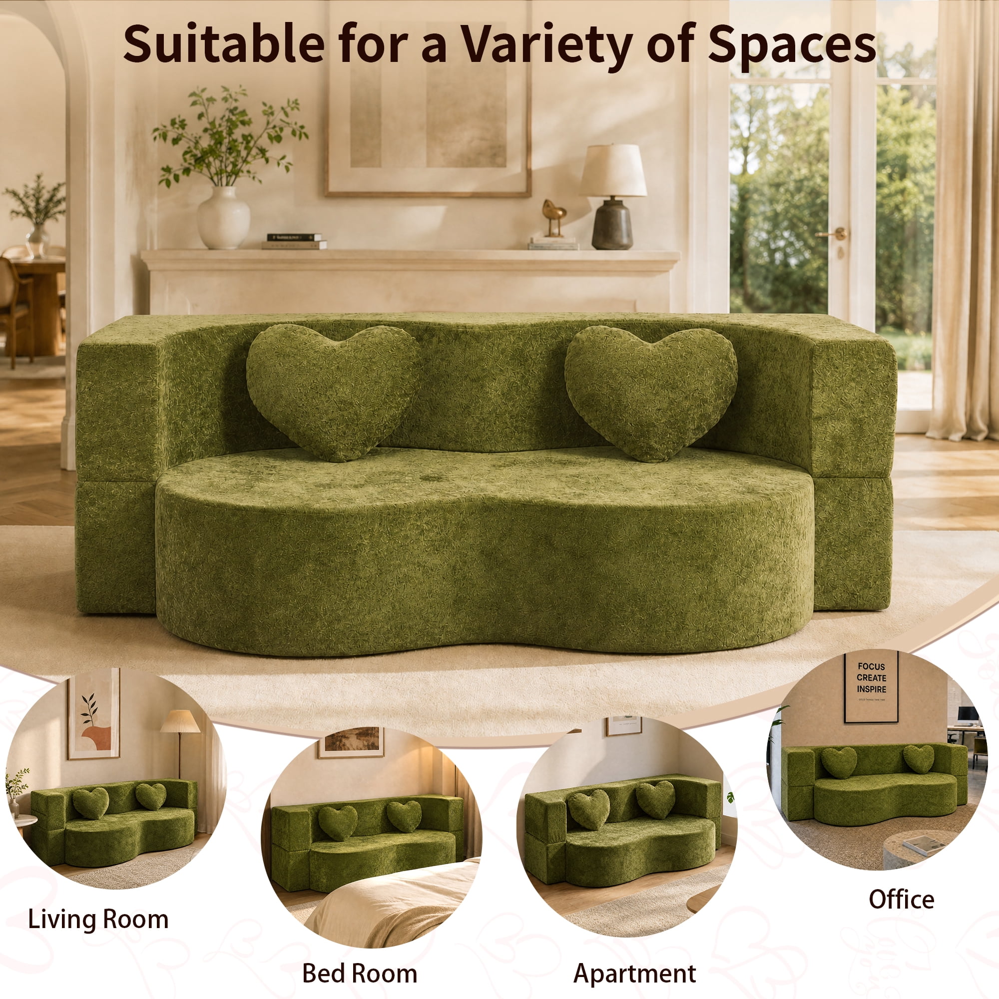 78.74"W Heart-Shaped Convertible Sofa,Floor Couch,Sleeper Sofa Bed,No Assembly High-Density Sponge Loveseat with 2 Heart Pillows for Living Room, Apartment,Olive Green