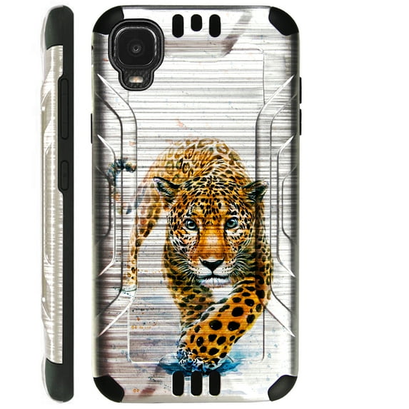 Compatible with TCL A3 Brushed Metal Texture Hybrid Silver Guard Phone Case Cover (Walking Leopard)